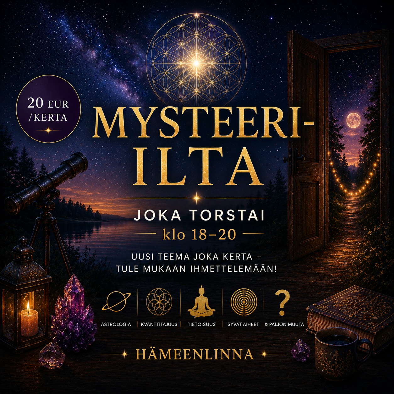 MYSTEERI-ILTA to 3.9 Hämeenlinna: Astrologia minikurssi / Nouseva merkki, Kuu ja Aurinko merkeissä ja huoneissa